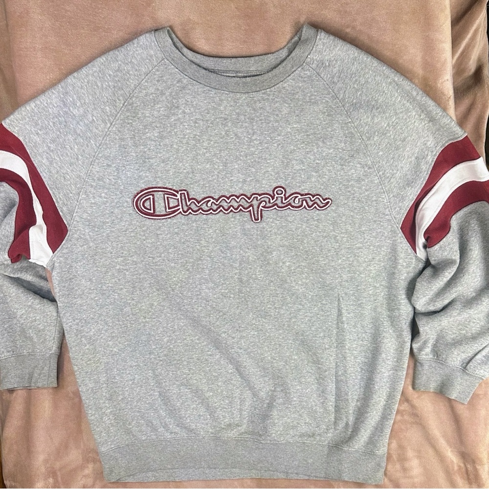 Champion 1XL Gray Spell Out Crewneck Sweatshirt w/ Maroon/White Stripes
